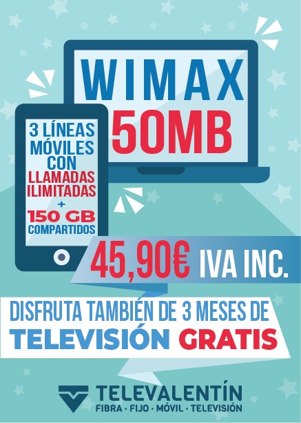 WiMAX 50 + 3 lineas moviles con 150 GB compartidos